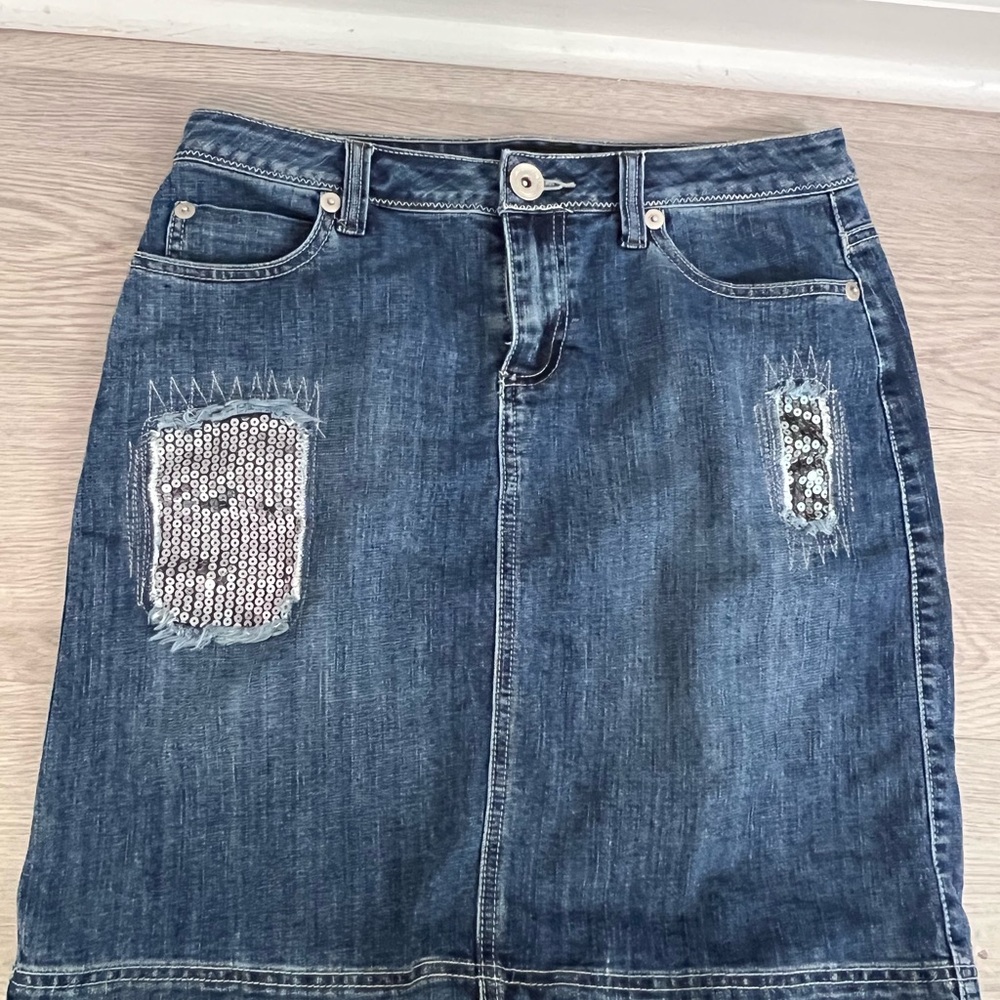 Christiana Zinn Denim Blue Sequin Pencil Skirt Knee-Length Casual, Size 8